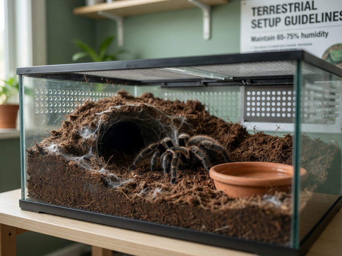 Properly constructed terrestrial tarantula enclosure with ventilation, deep substrate, and appropriate dimensions
