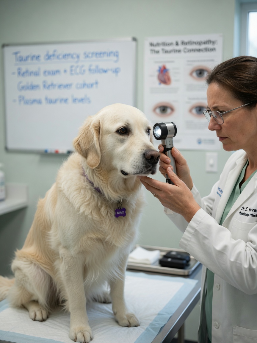 Oftalmologa veterinaria che esamina l'occhio di un cane con retinoscopia per valutare la salute della visione correlata alla taurina