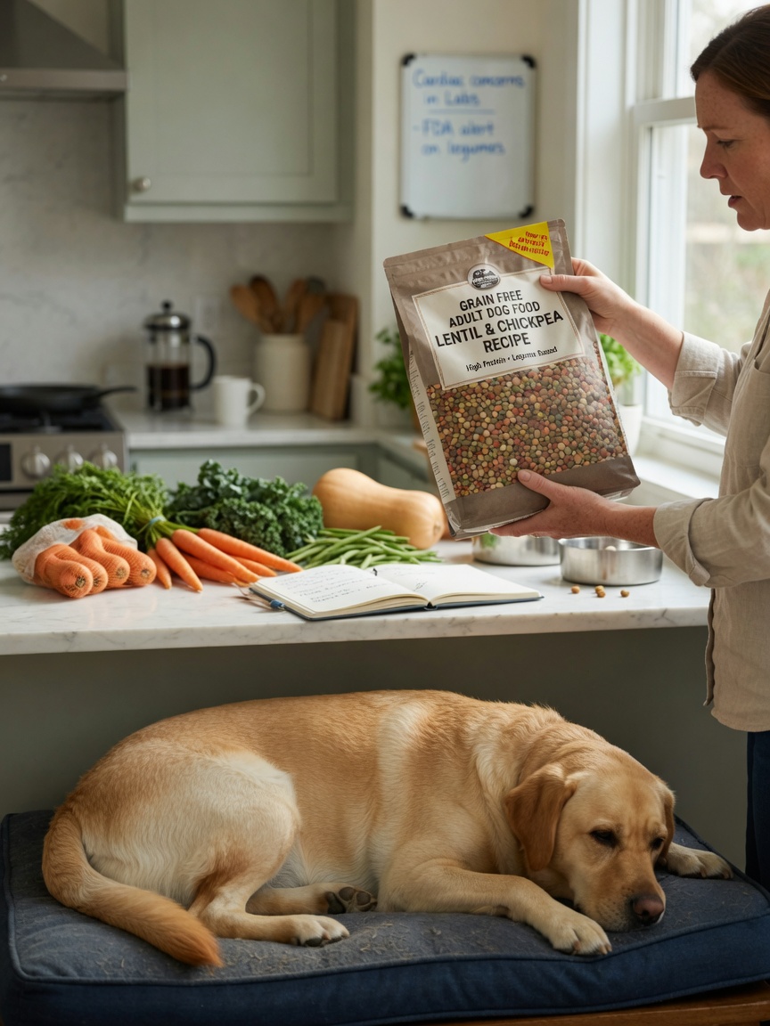 Proprietario di un animale domestico che esamina gli ingredienti del cibo per cani senza cereali mentre un Golden Retriever preoccupato riposa sullo sfondo