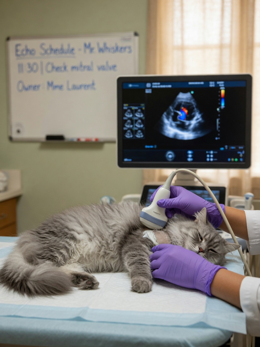 Veterinarian performing echocardiogram ultrasound on a grey cat's chest to assess heart health