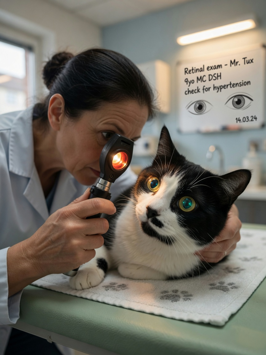 Veterinary ophthalmologist examining a tuxedo cat's retina with ophthalmoscope during eye examination