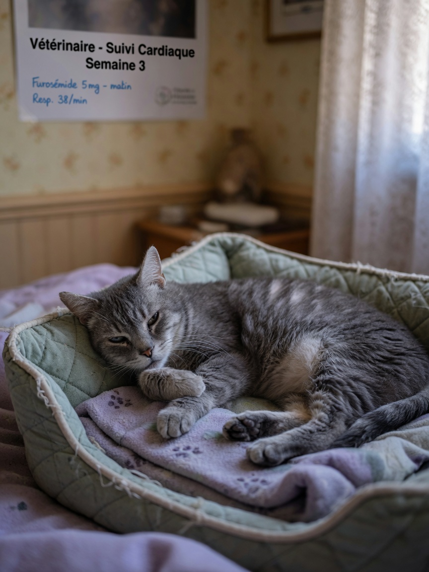 Lethargic grey tabby cat resting on bed, showing signs of heart disease fatigue