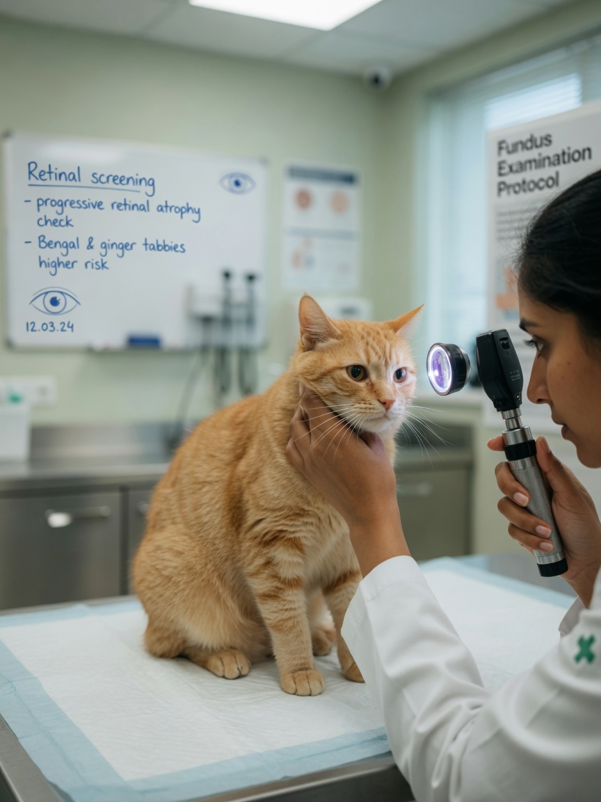Veterinarian examining a cat's eyes for signs of taurine deficiency-related vision loss