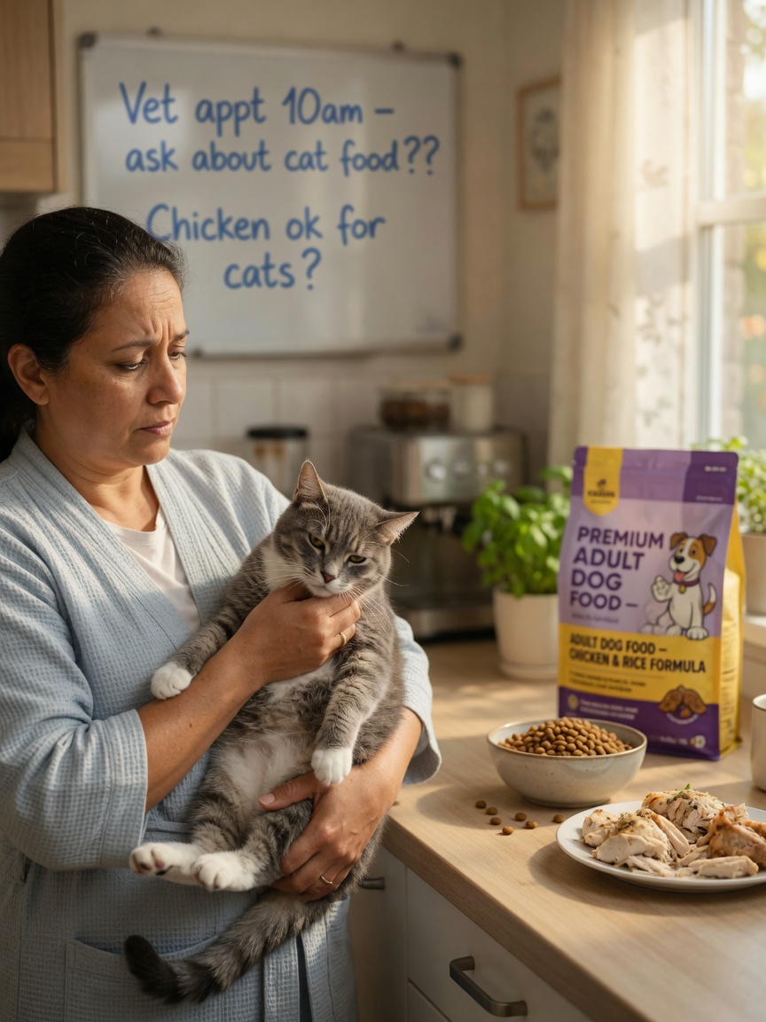 Cat owner surrounded by different food options, illustrating risk categories for taurine deficiency
