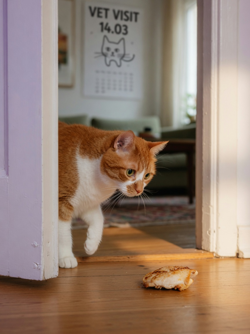 Eine neugierige rot-weiße Katze, die durch eine leere Türöffnung schaut, mit einem Leckerli auf dem Boden sichtbar jenseits der Schwelle.