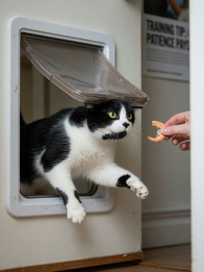 Eine entschlossene schwarz-weiße Katze, die mit Kraft durch eine geschlossene Katzenklappe drückt, während ein Leckerli auf der anderen Seite angeboten wird.