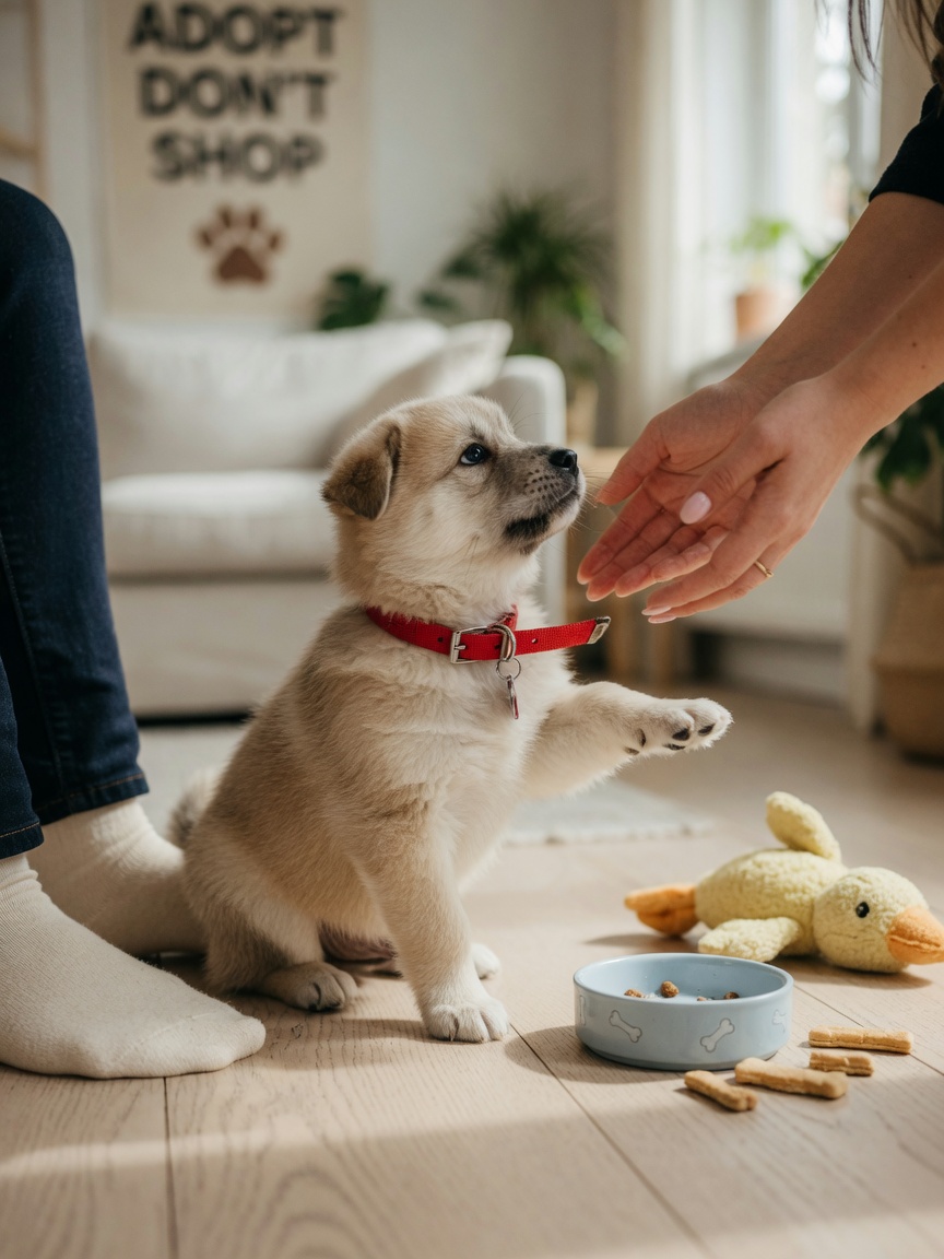 Puppy wearing collar for first time indoors with treats nearby and owner's reassuring hand