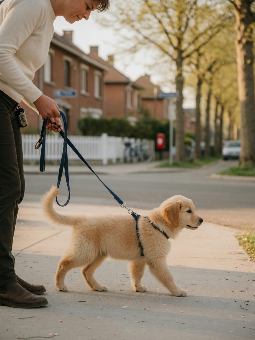 Puppy walking on loose lead on quiet pavement demonstrating correct slack lead technique