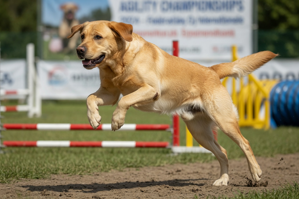 Athletic Labrador Retriever performing agility jump, demonstrating high-force movement that risks Achilles tendon injury
