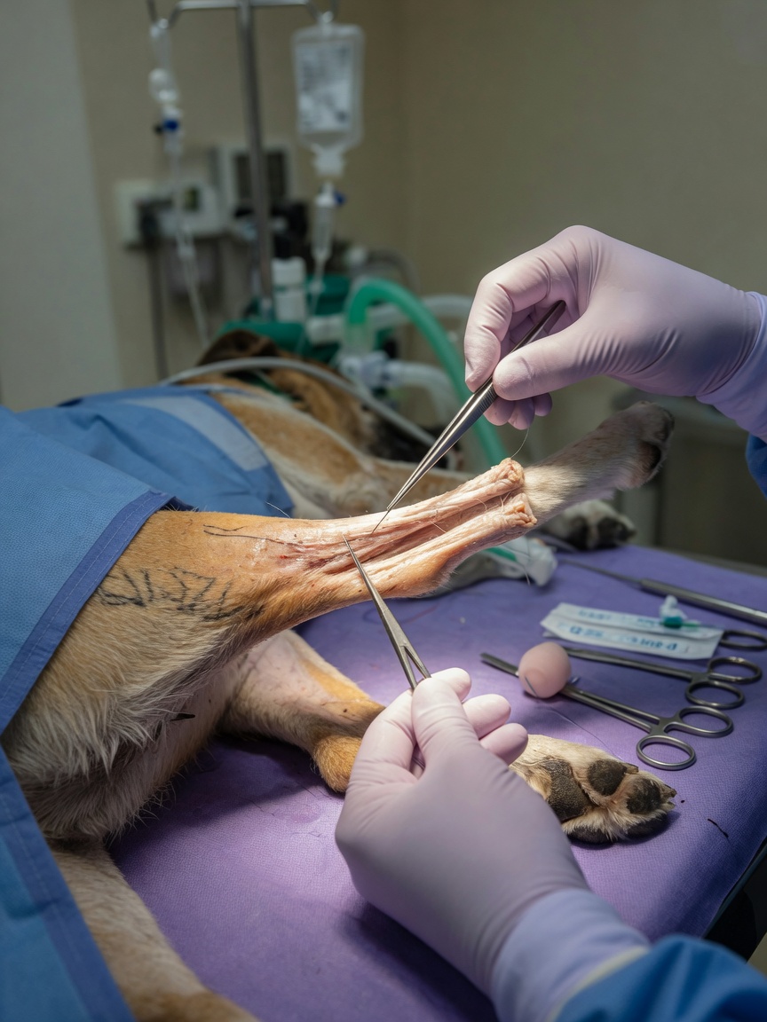 Veterinary surgeon performing Achilles tendon repair surgery with precise suturing technique