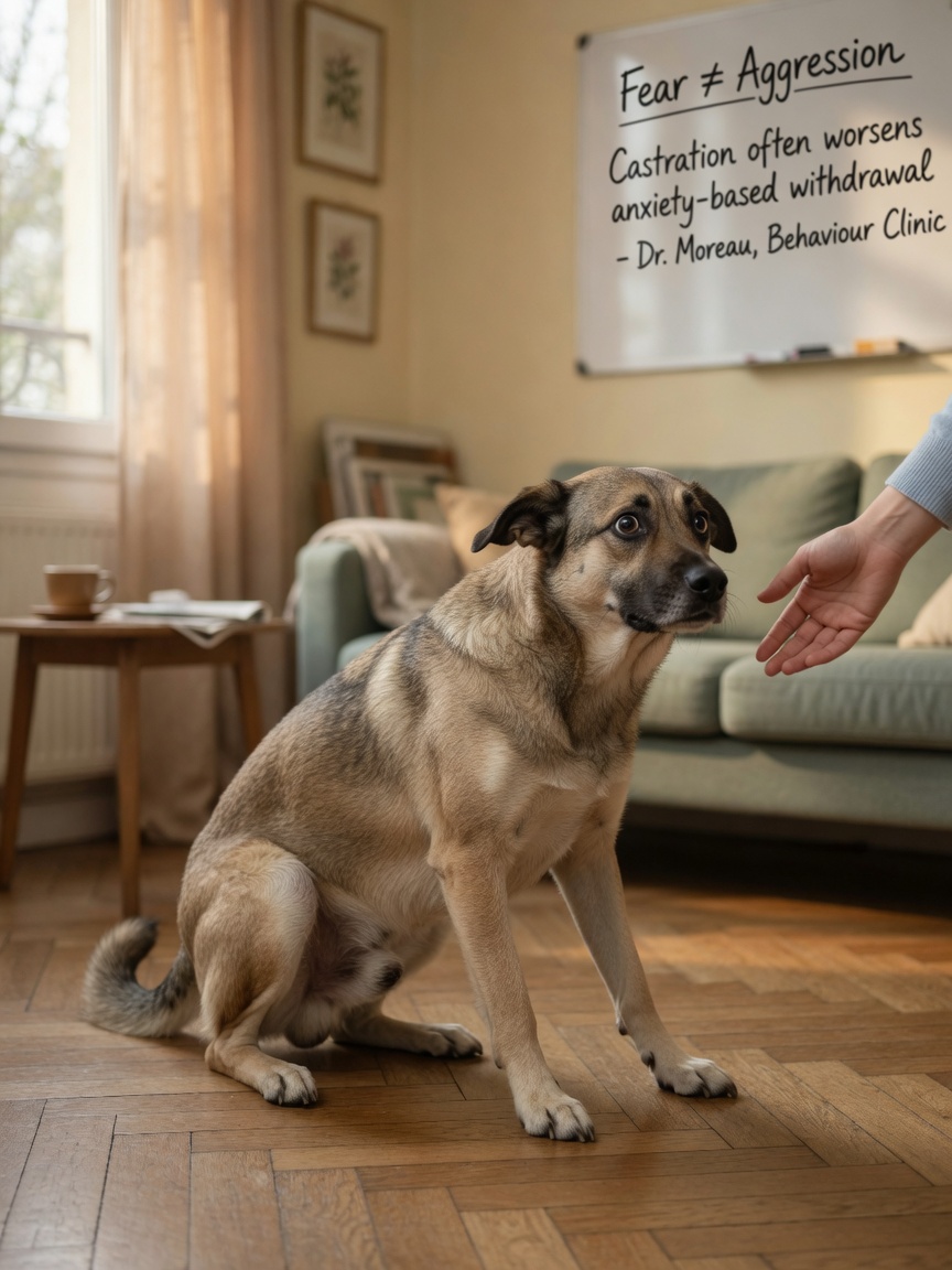 Fear-aggressive dog with tucked tail and lowered ears backing away from approaching hand, showing anxiety-based rather than hormone-driven behavior.