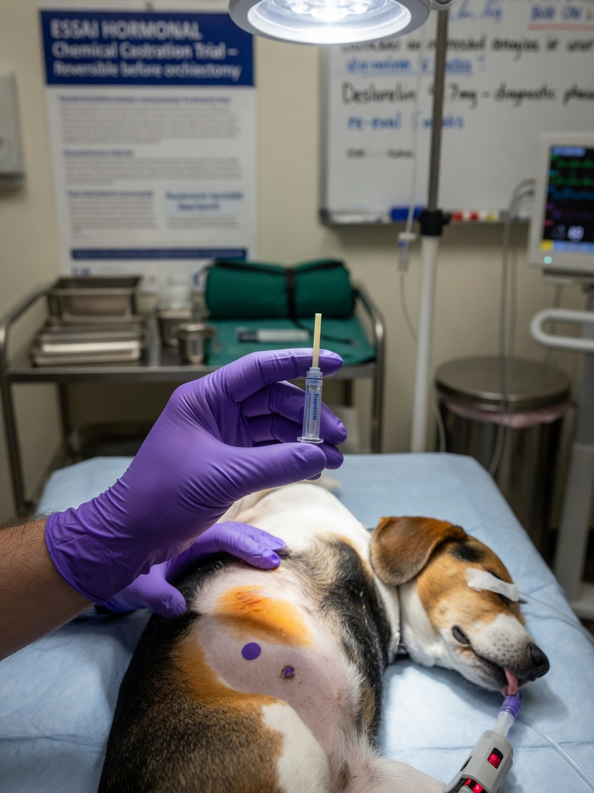Veterinarian's gloved hand with deslorelin implant device above anesthetized dog on examination table, demonstrating reversible chemical castration procedure.