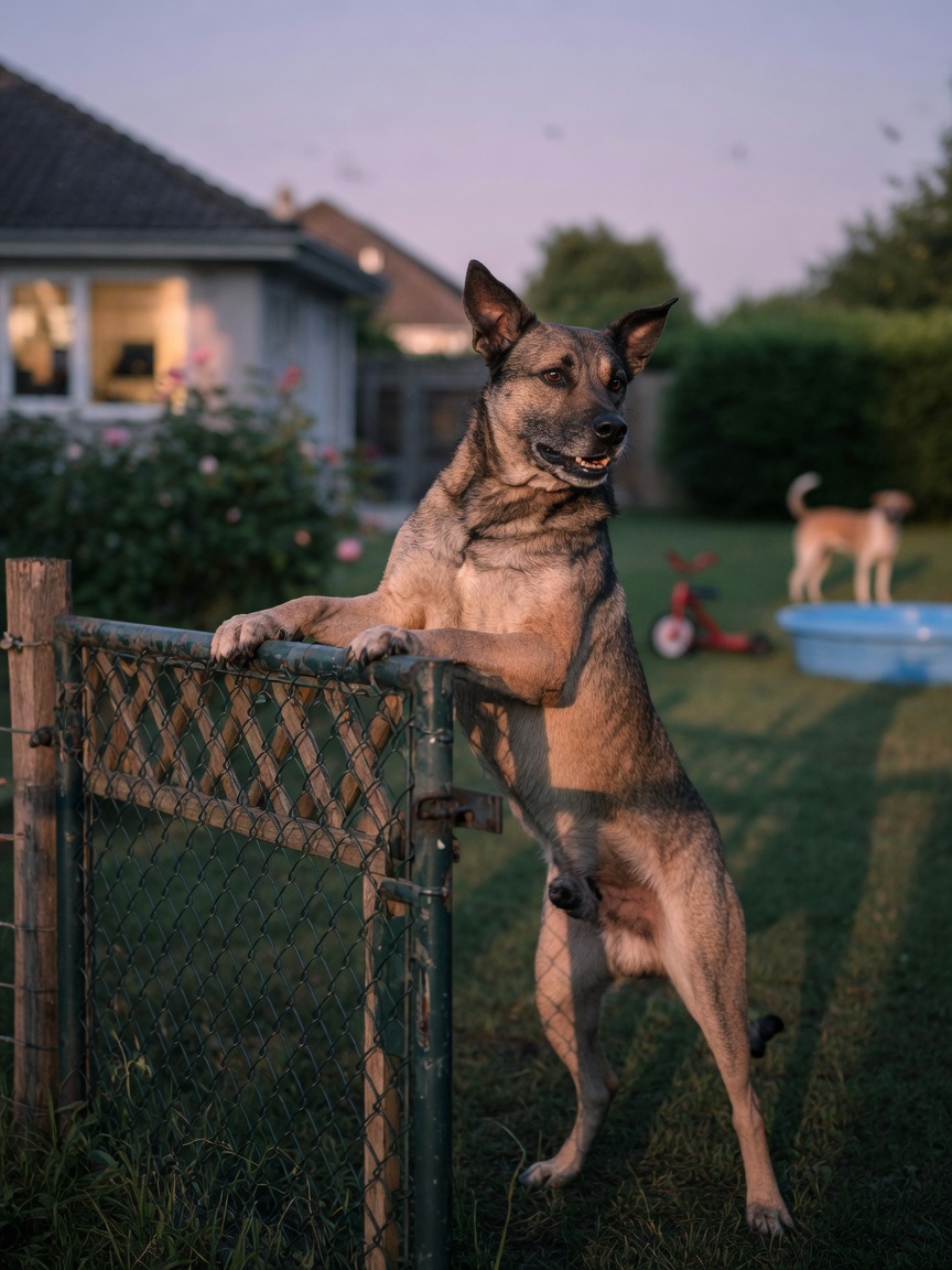Intact male dog at fence showing roaming and searching behavior, alert posture toward distance
