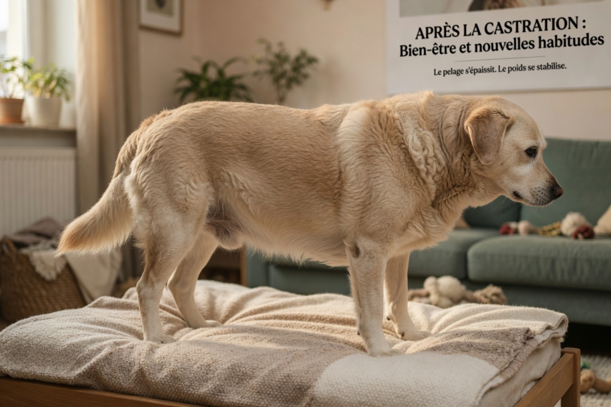 Neutered male dog showing physical changes including increased body weight, softer musculature, and thicker coat