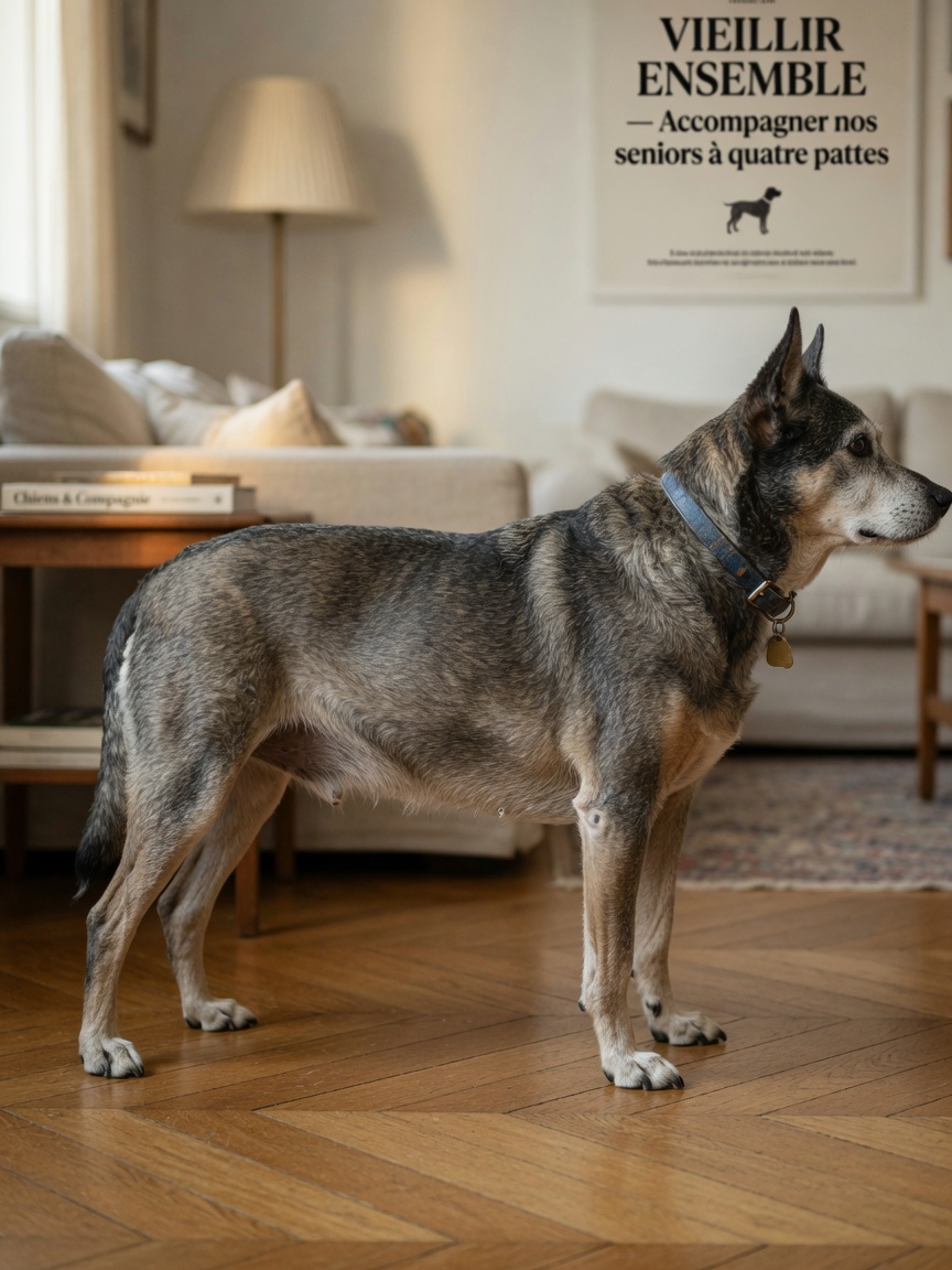 Senior dog showing reduced muscle mass and changed body composition along topline and hindquarters