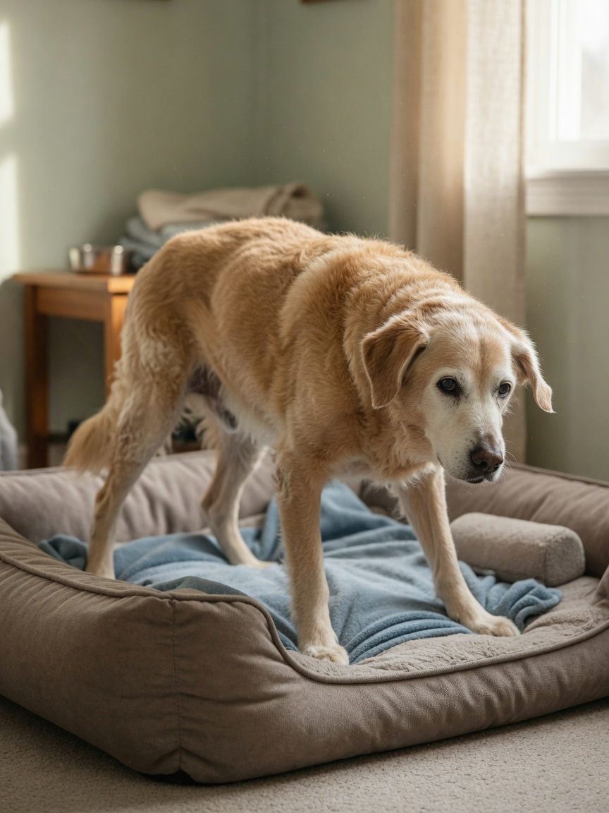 Elderly dog carefully rising from a bed, demonstrating stiffness and deliberate movement associated with joint changes