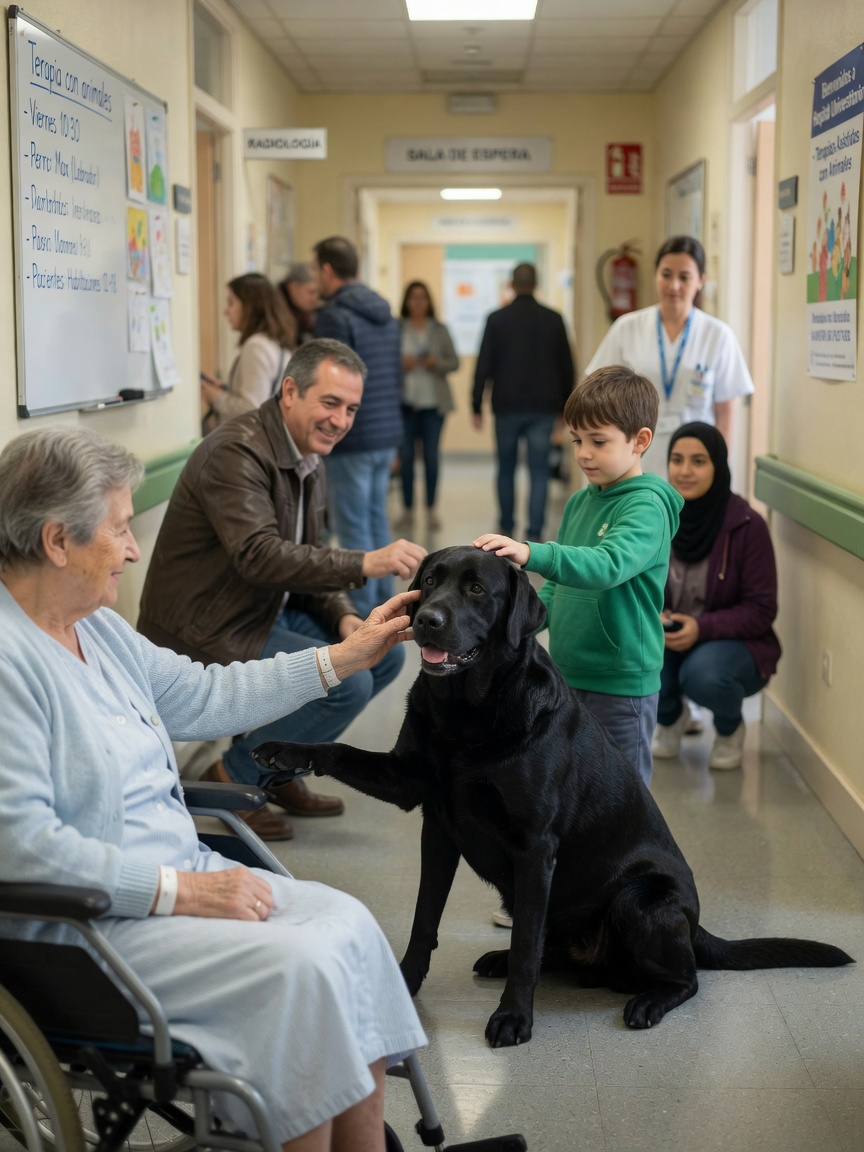 Calm therapy dog engaging peacefully with multiple visitors in hospital setting