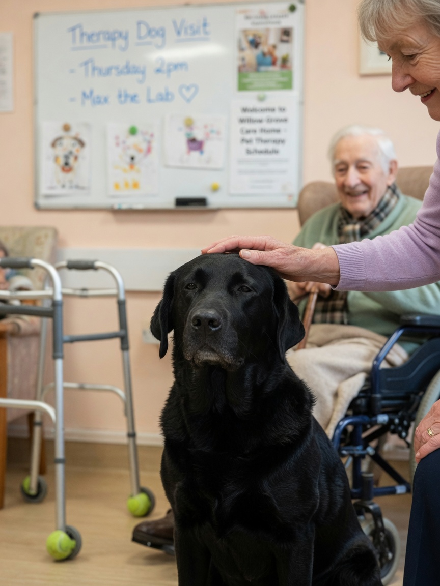 Therapy dog calmly interacting with elderly care home residents
