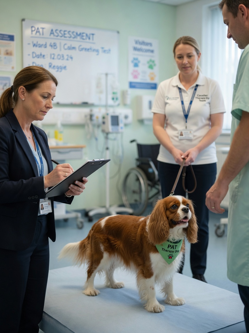 PAT assessor evaluating therapy dog's temperament and handler partnership