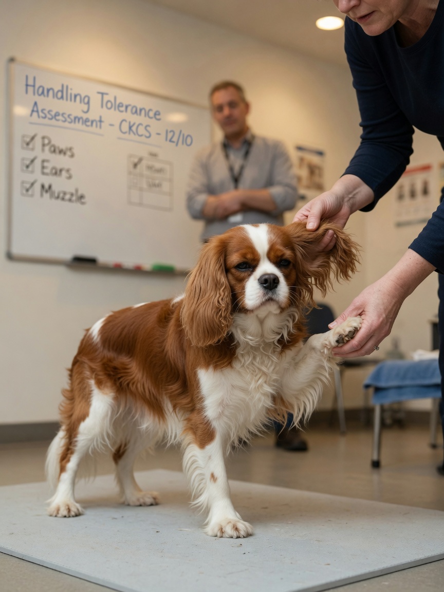 Cavalier King Charles Spaniel remaining calm during temperament assessment with handler examining its paws and ears