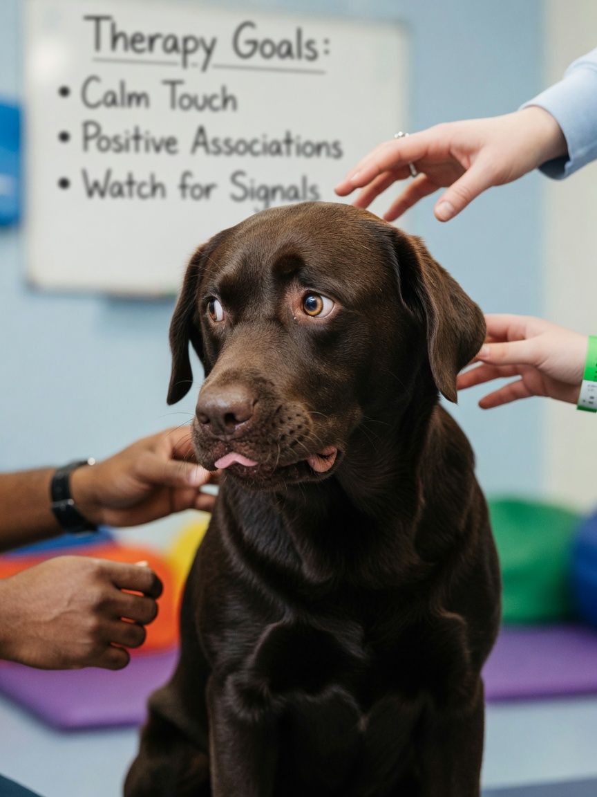 Labrador Retriever displaying subtle stress indicators including whale eye and lip licking during multiple simultaneous patient interactions