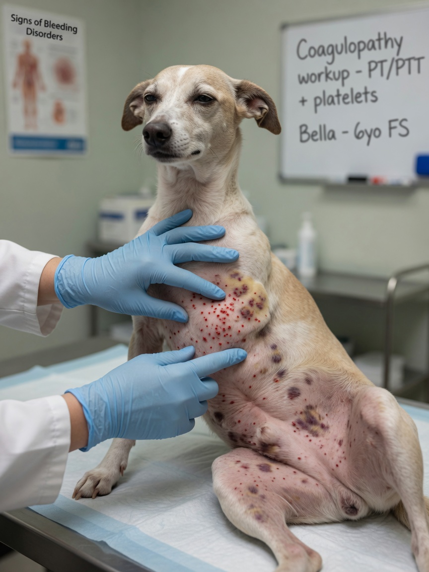Veterinarian examining a dog for petechiae and ecchymoses on the skin during a thrombocytopenia assessment