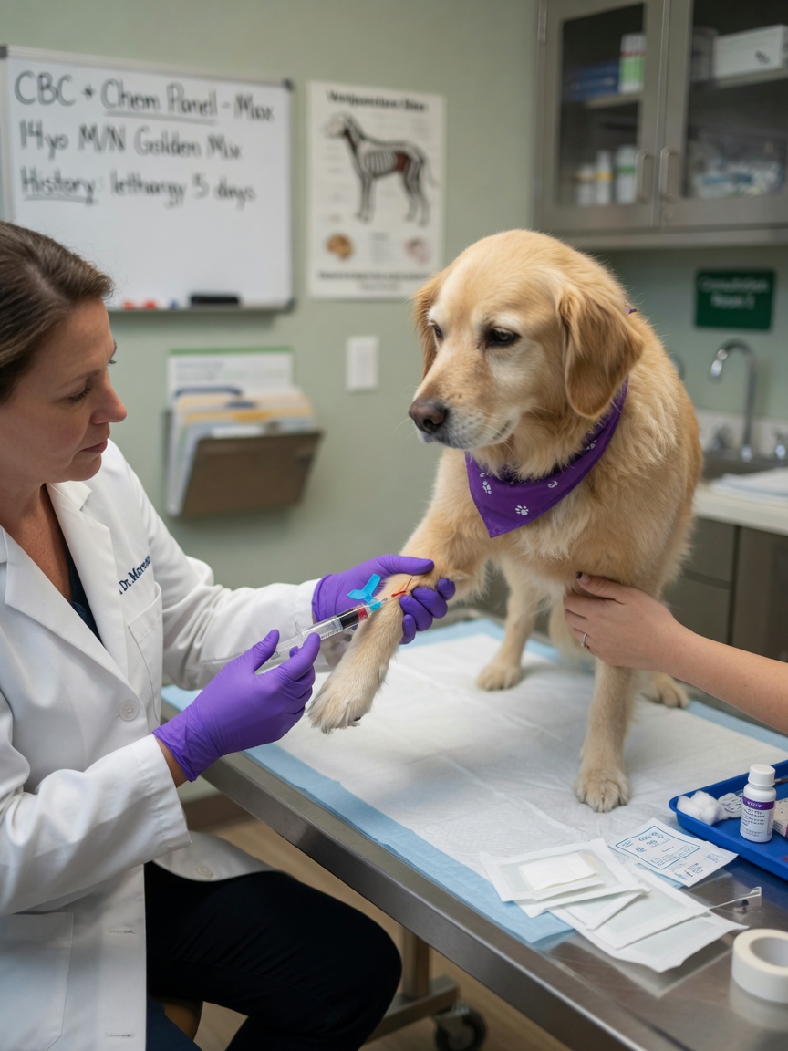 Veterinarian drawing blood from a dog for platelet count testing and thrombocytopenia diagnosis