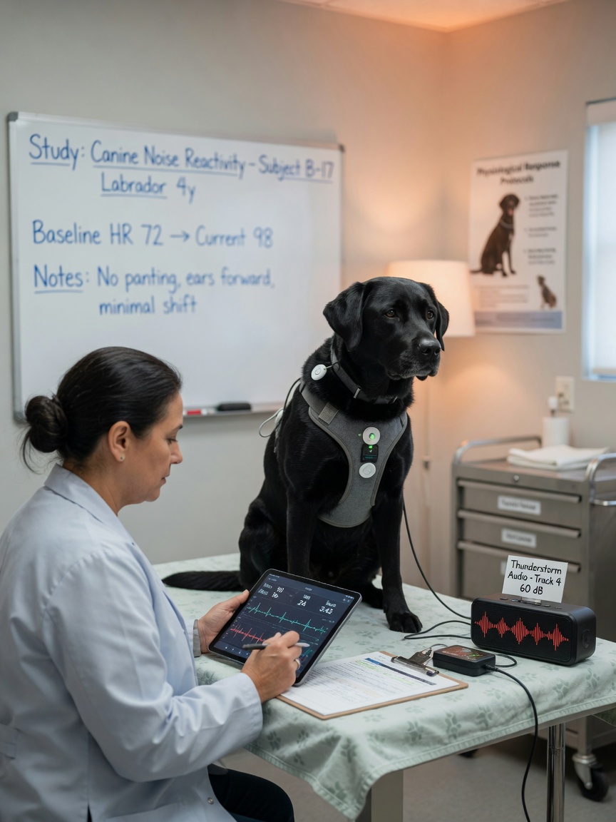Veterinary researcher monitoring a Labrador's heart rate during thunderstorm sound exposure test