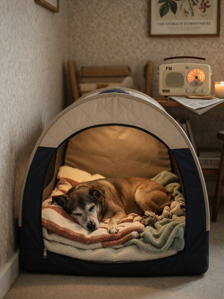 Dog resting calmly in an enclosed safe space with soft bedding during storm