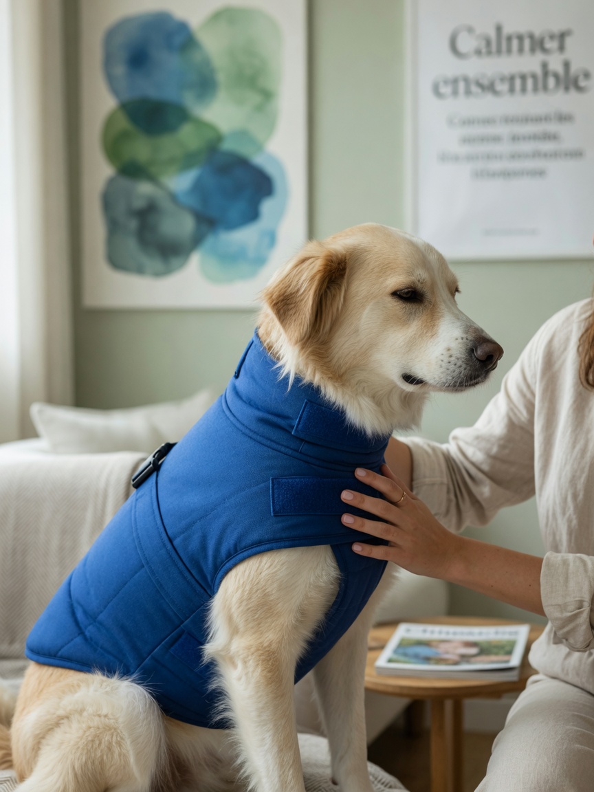 Dog wearing a pressure wrap Thundershirt during calm training period with owner support