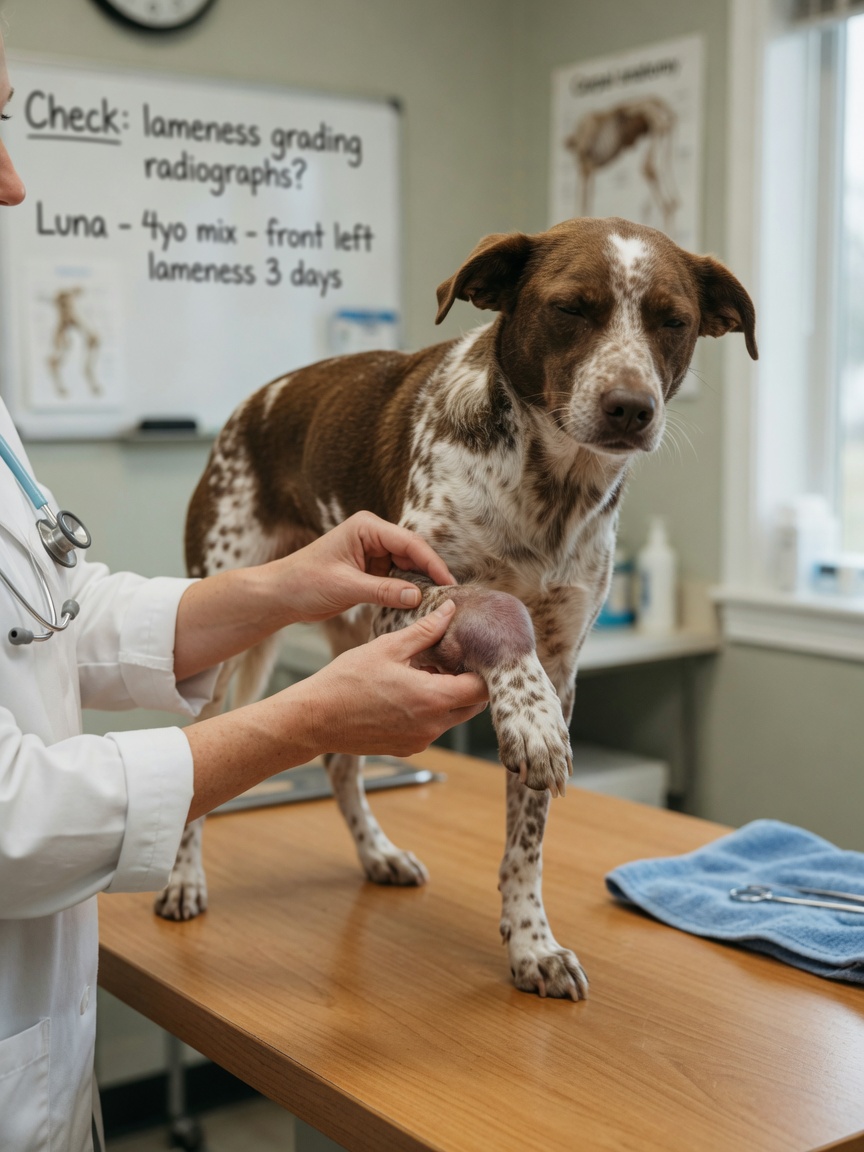 Veterinarian examining a dog's swollen carpal joint for signs of Lyme disease-related arthritis and lameness.