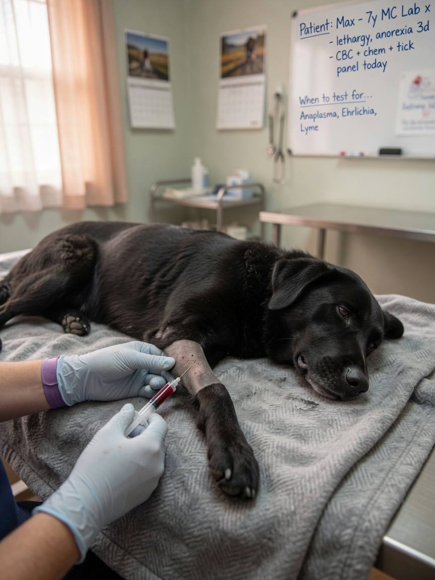 Veterinarian collecting a blood sample from a lethargic dog for ehrlichiosis laboratory diagnosis during the acute phase of infection.
