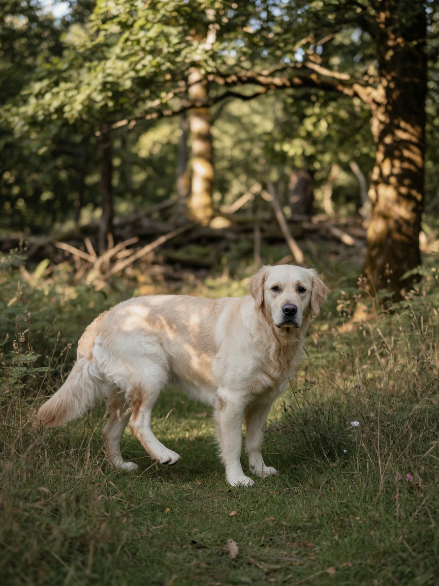 Golden Retriever limping in a woodland clearing showing signs of Lyme disease-related joint lameness