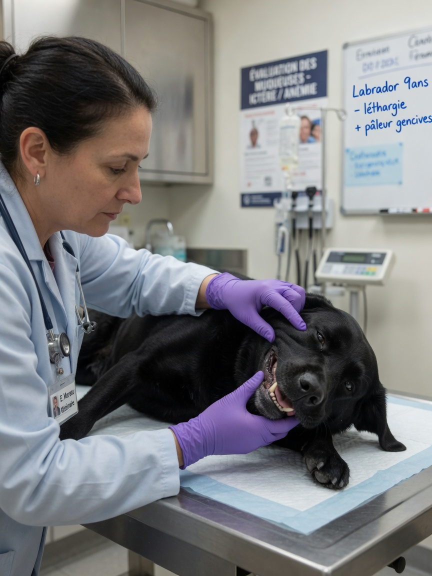 Veterinarian examining a weak black Labrador Retriever's gums during a clinical assessment for Babesia canis symptoms