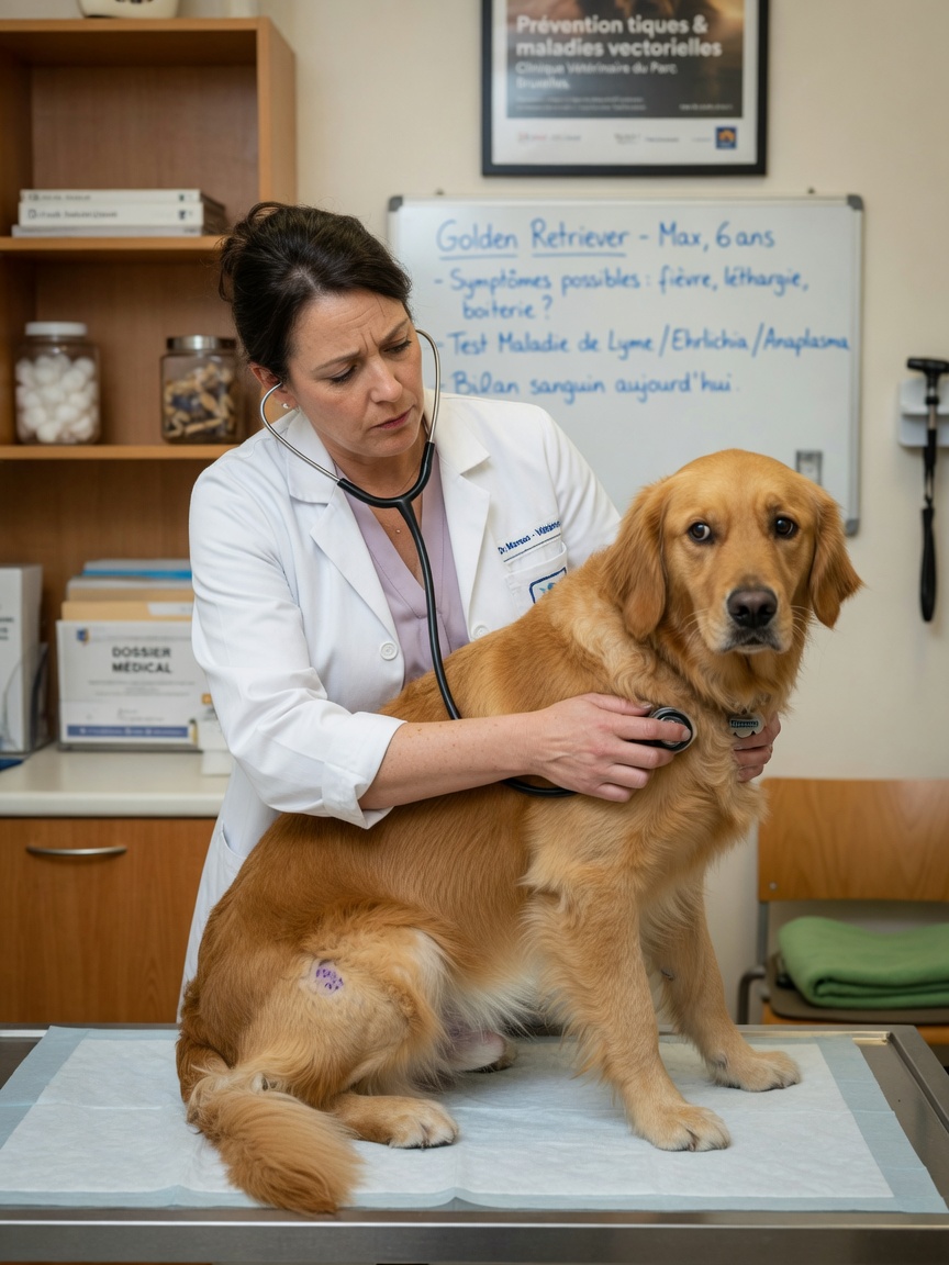 Veterinarian examining a golden retriever with a stethoscope in a bright clinic setting