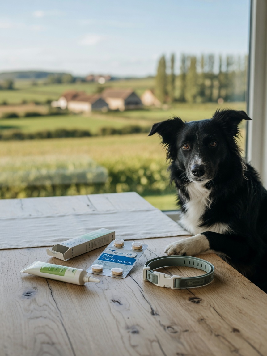 Selection of tick prevention products on a wooden table with a border collie nearby