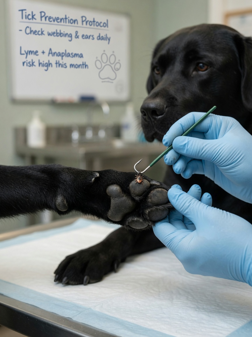 Veterinarian demonstrating tick removal from between a Labrador's toes using a tick hook