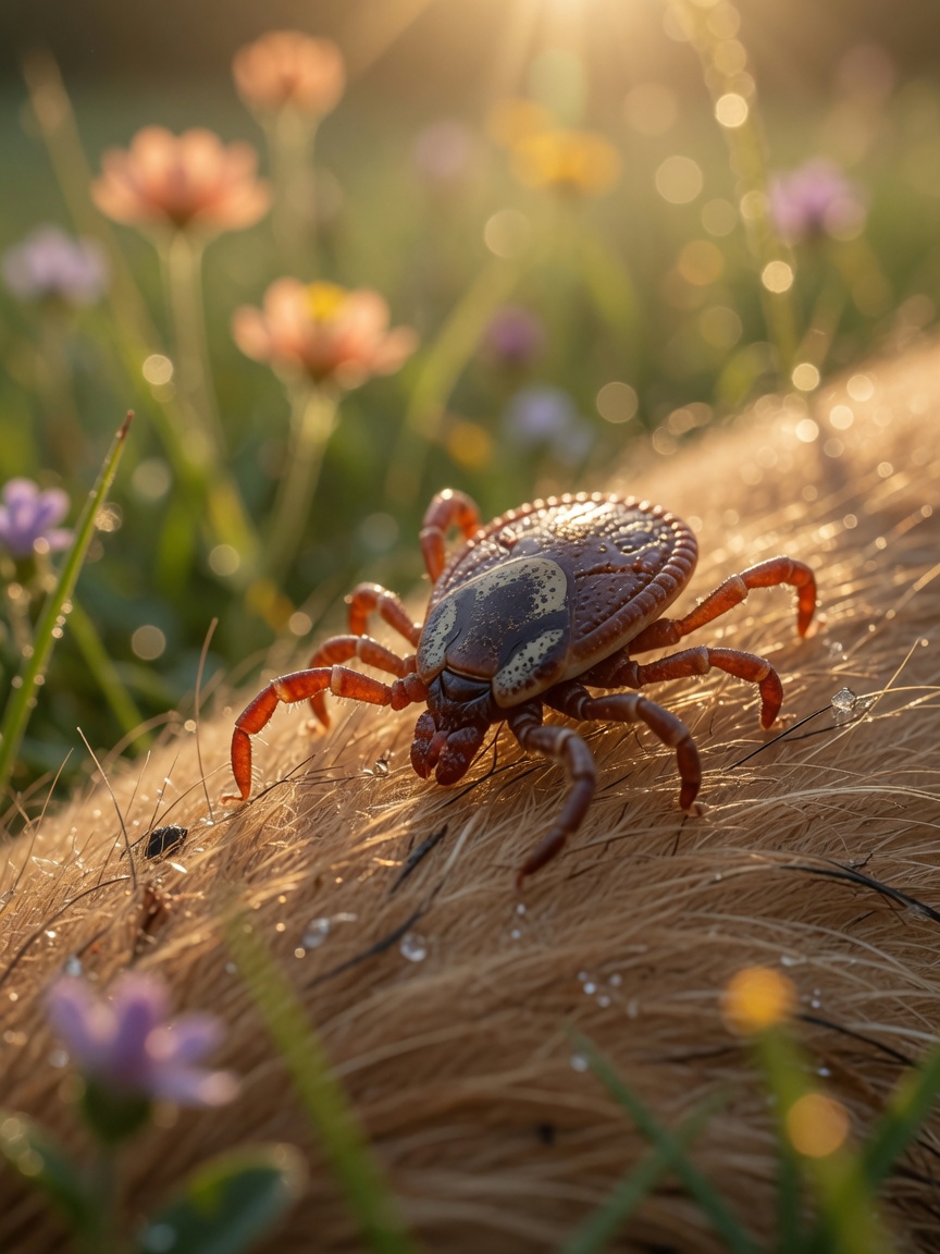 Macro close-up of a brown dog tick on dog fur showing anatomical detail and parasitic threat