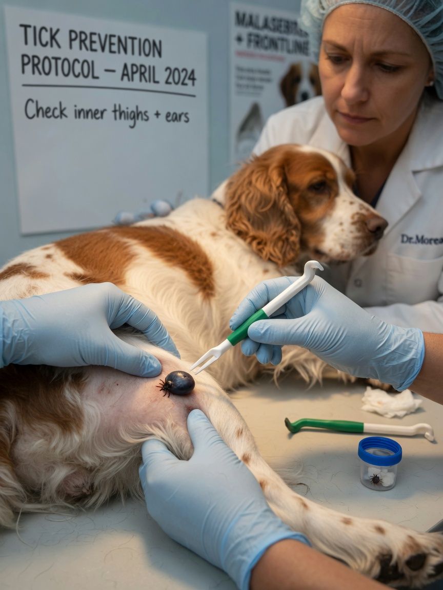 Veterinarian using a tick removal tool to extract an engorged tick from a dog's inner thigh during professional tick removal