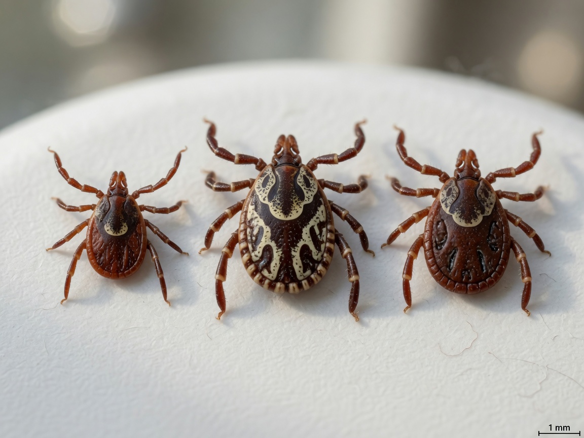 Macro comparison of three European tick species showing distinctive markings and size differences between Ixodes ricinus, Dermacentor reticulatus, and Rhipicephalus sanguineus