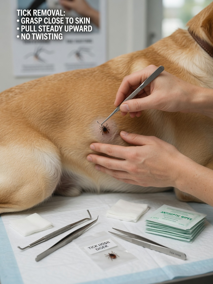 Proper tick removal tools and demonstration of the correct ESCCAP technique using steady upward pressure with a fine-tipped tool on a dog