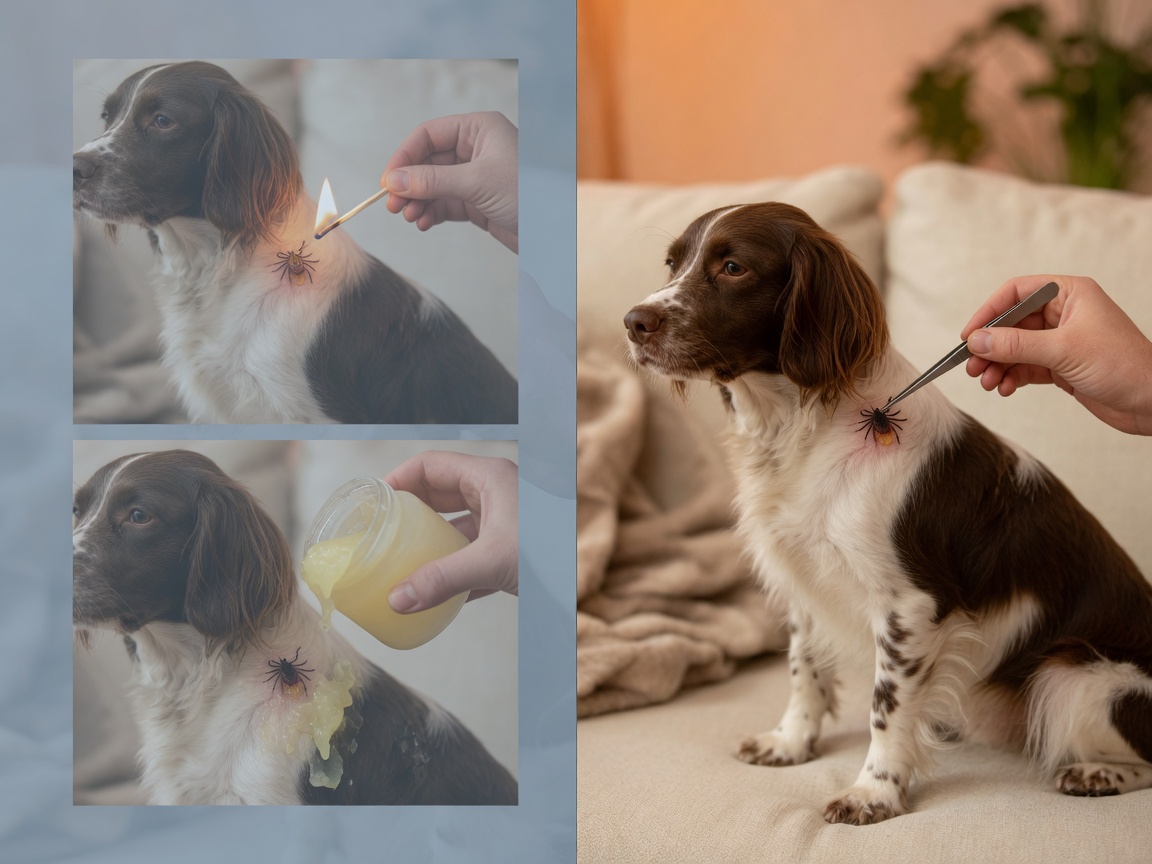 Vergleich falscher versus korrekter Zeckenentfernungstechniken bei einem Spaniel