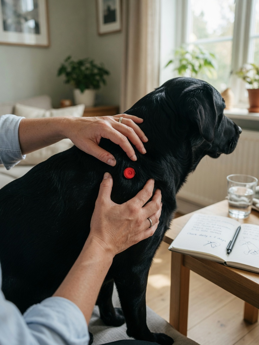 Besitzer überwacht und untersucht sorgfältig eine Zeckenbissstelle auf der Schulter ihres Labradors