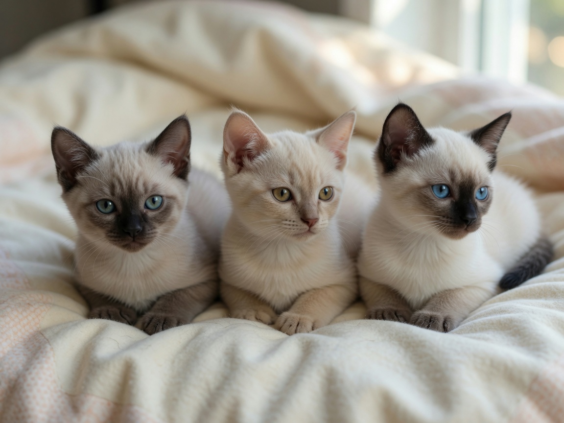 Three Tonkinese kittens from the same litter showing the three distinct coat patterns: mink with aquamarine eyes, solid with golden eyes, and pointed with blue eyes