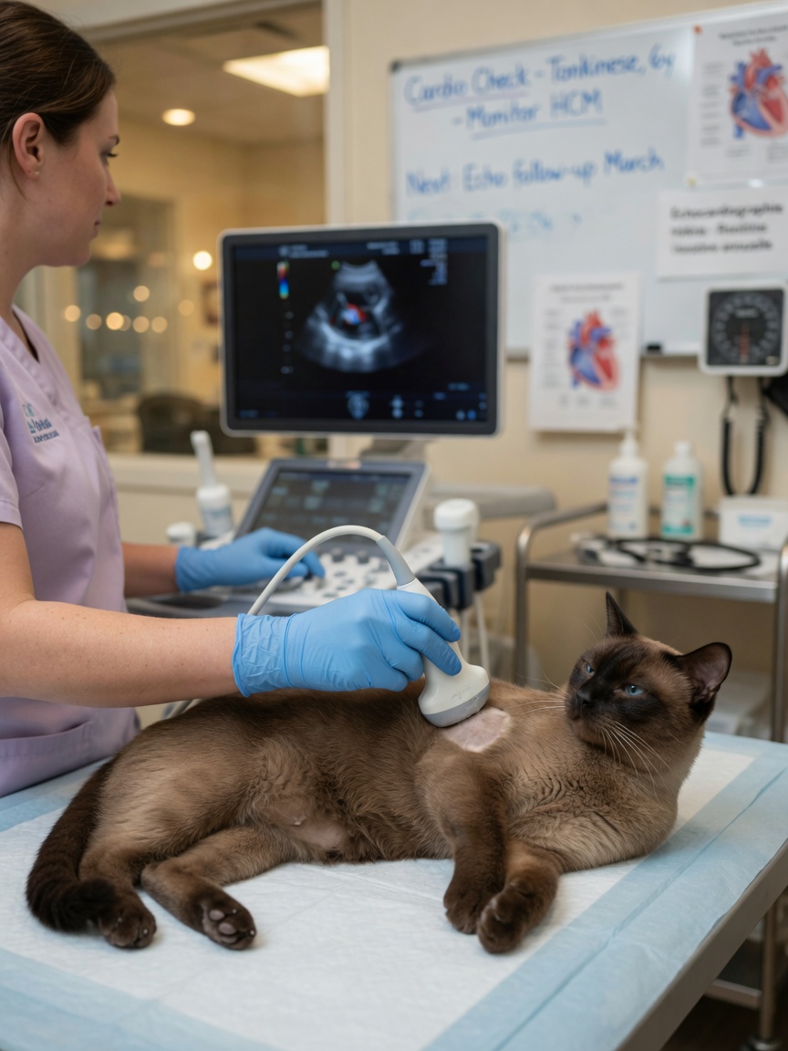A veterinarian performing an echocardiogram ultrasound on a Tonkinese cat to screen for hypertrophic cardiomyopathy