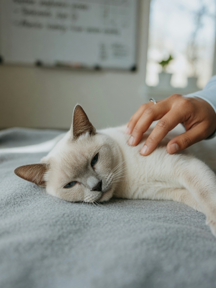 Tonkinese cat resting peacefully during veterinary examination, illustrating gentle monitoring for amyloidosis