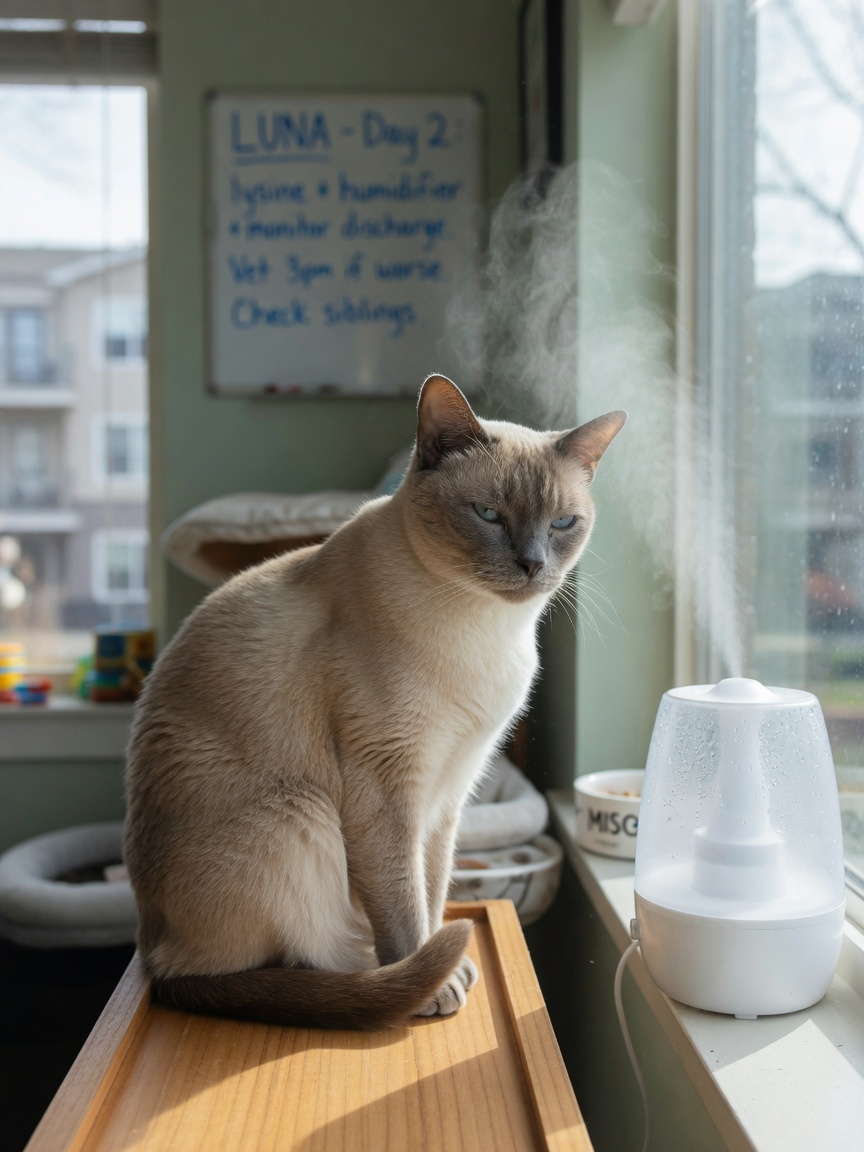 Tonkinese cat showing signs of upper respiratory illness by window with humidifier nearby