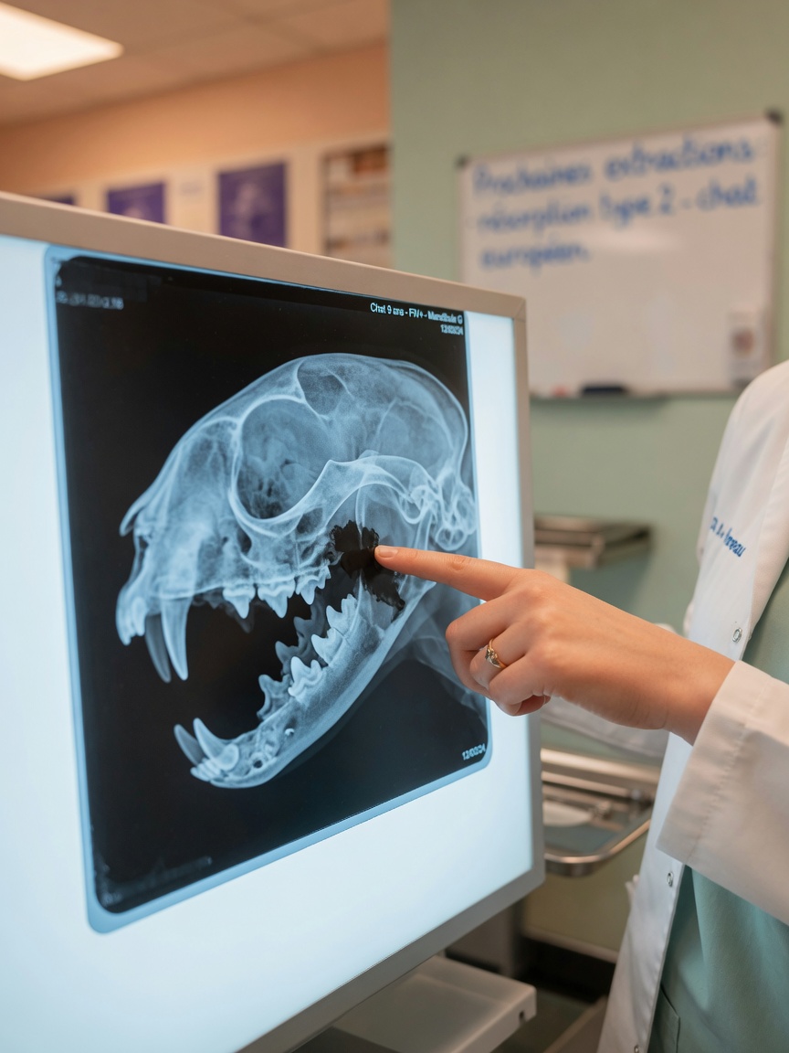 Veterinarian examining a cat dental X-ray on a lightbox, pointing to areas of tooth involvement