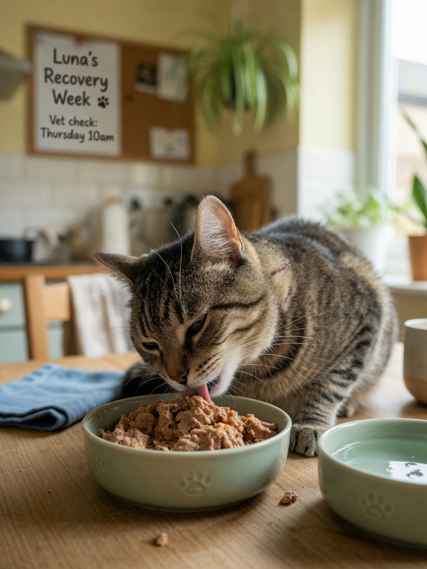 A cat eating comfortably from a bowl of soft food at home, demonstrating successful recovery from dental extraction
