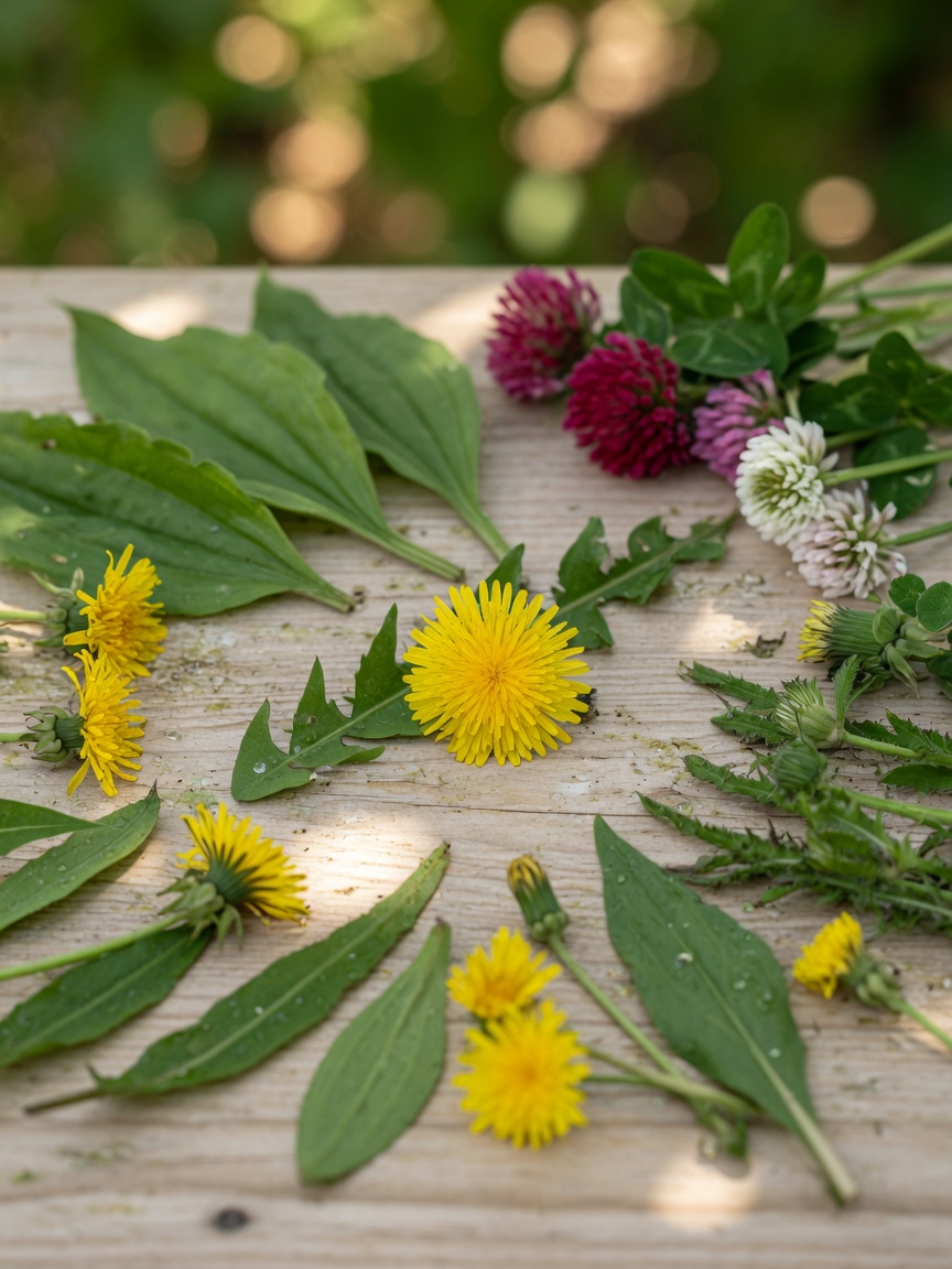 Assortment of fresh wild weeds and plants safe for tortoises including dandelion, plantain, and clover